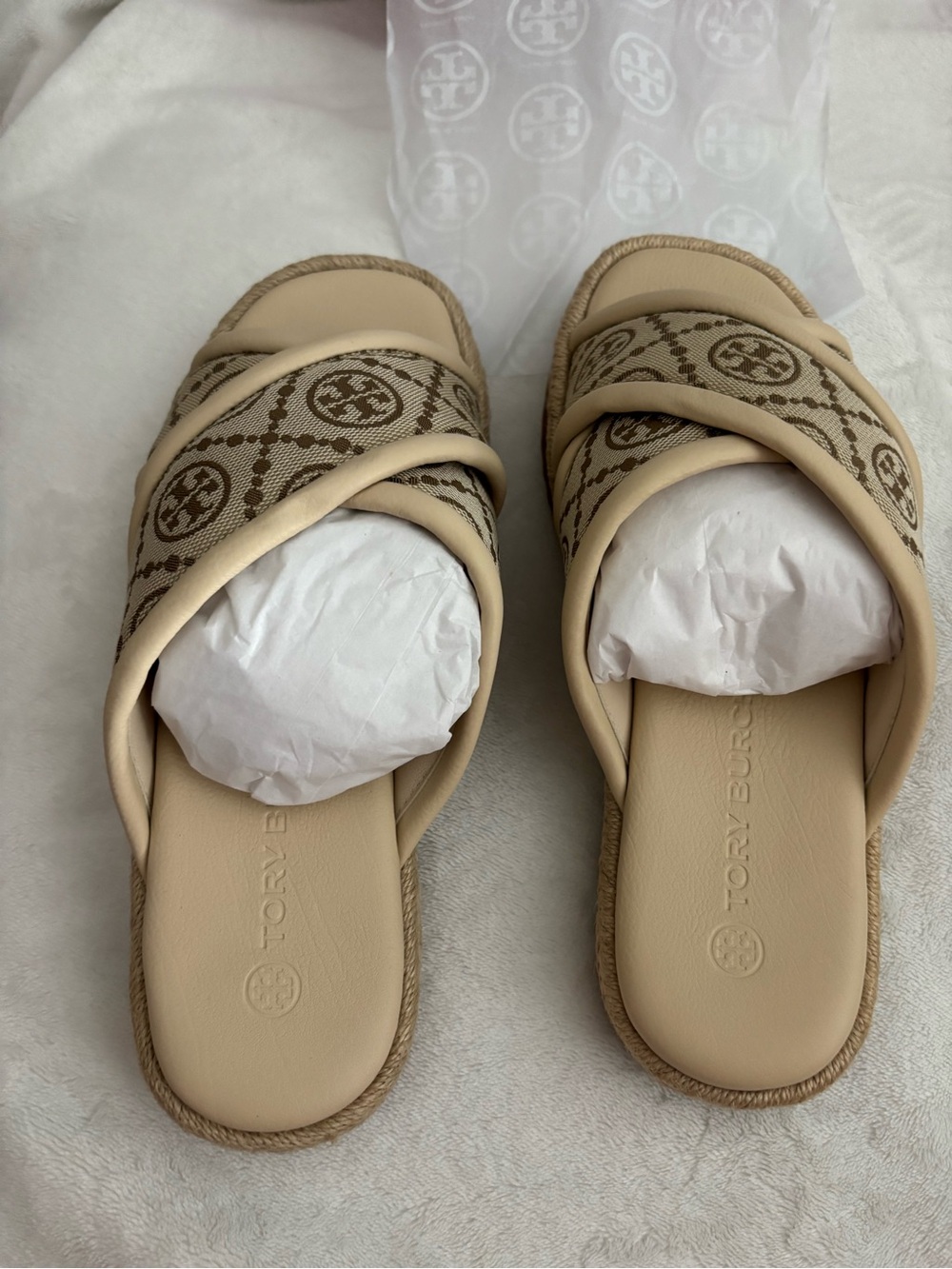 Tory Burch Beige Monogram Espadrille Slide Sandals - Picture 3 of 8